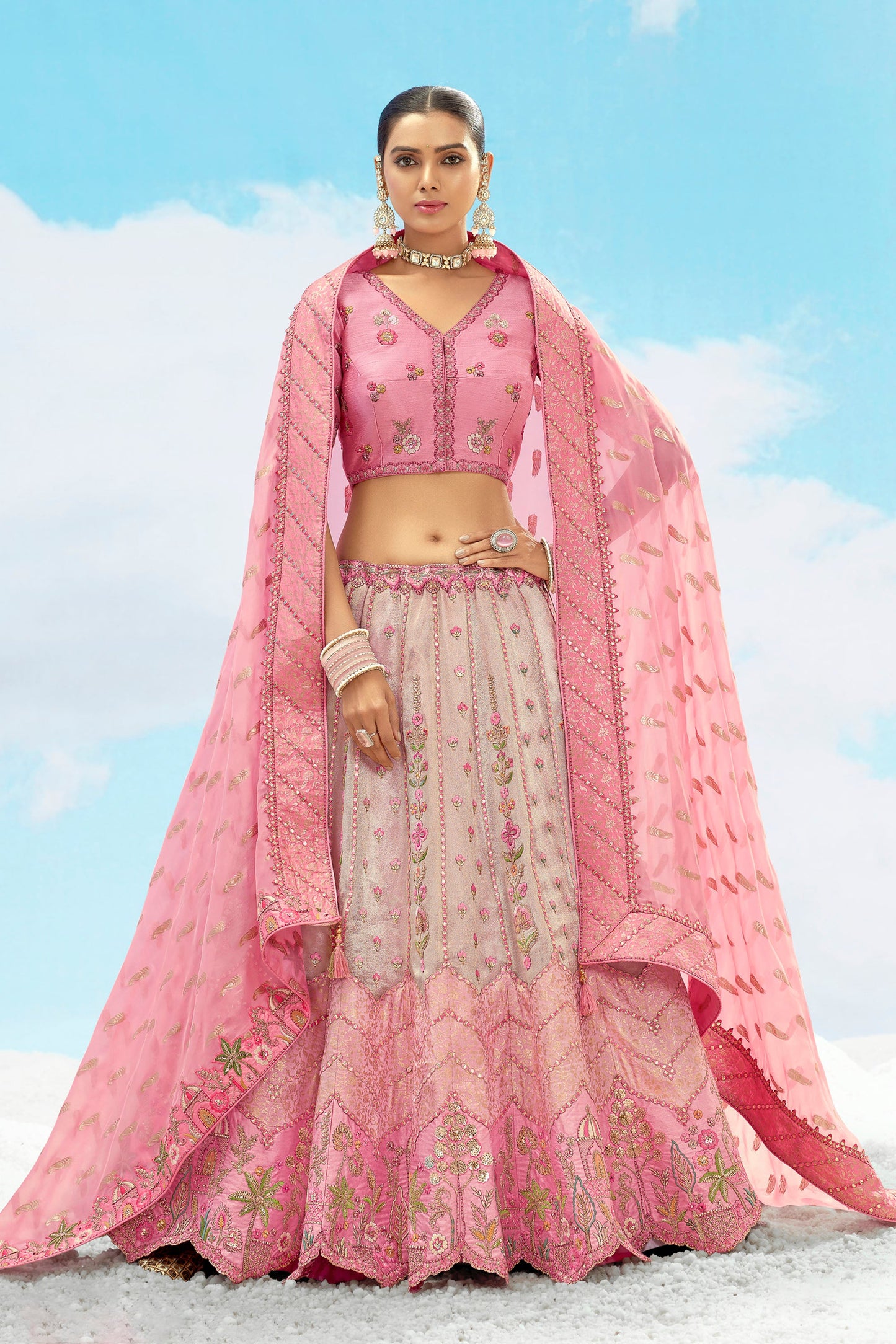 Pastel Pink Art Silk Jacquard Resham, Zari Embroidery Lehenga