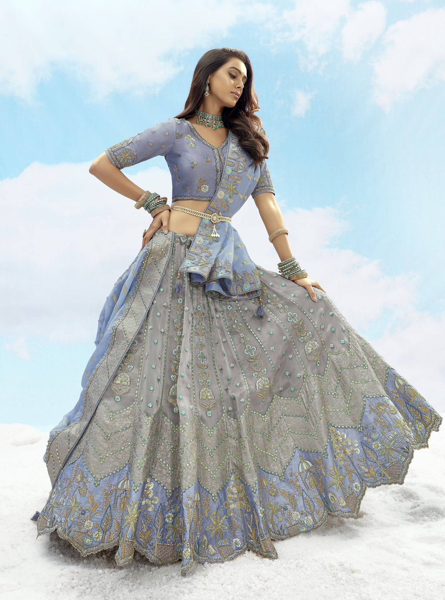 Grey and Blue Art Silk Jacquard Resham, Zari Embroidery Lehenga