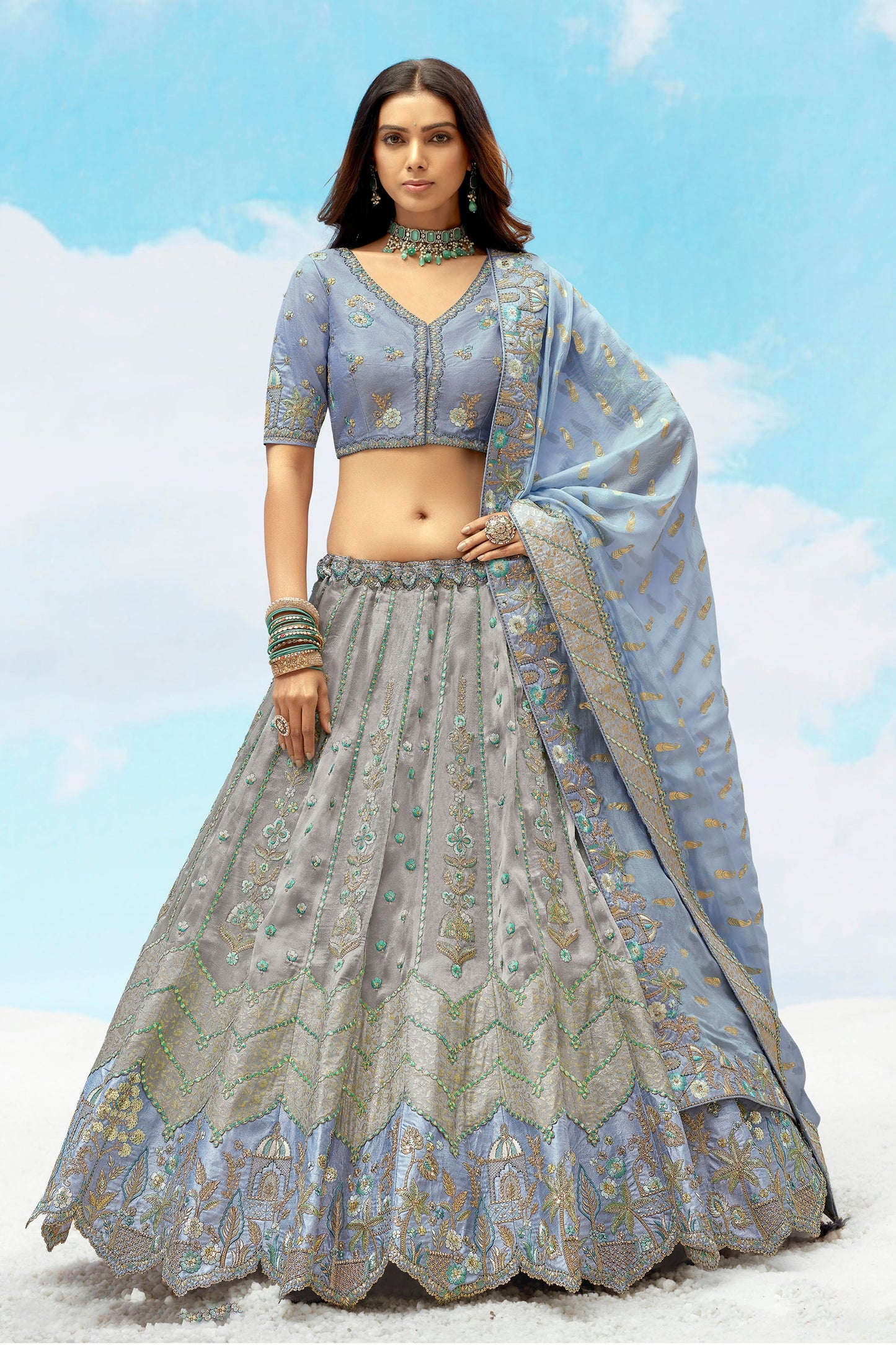 Grey and Blue Art Silk Jacquard Resham, Zari Embroidery Lehenga