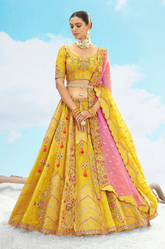 Yellow Art Silk Jacquard Zari Embroidery Haldi Lehenga