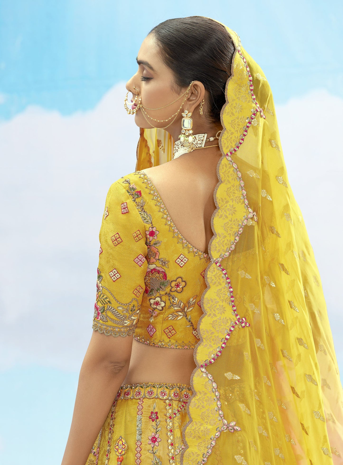 Yellow Art Silk Jacquard Zari Embroidery Haldi Lehenga