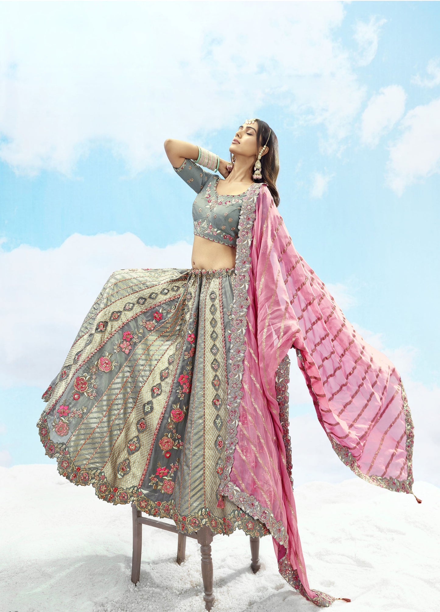 Grey and Pink Jacquard Art Silk Zari Work Engagement Lehenga