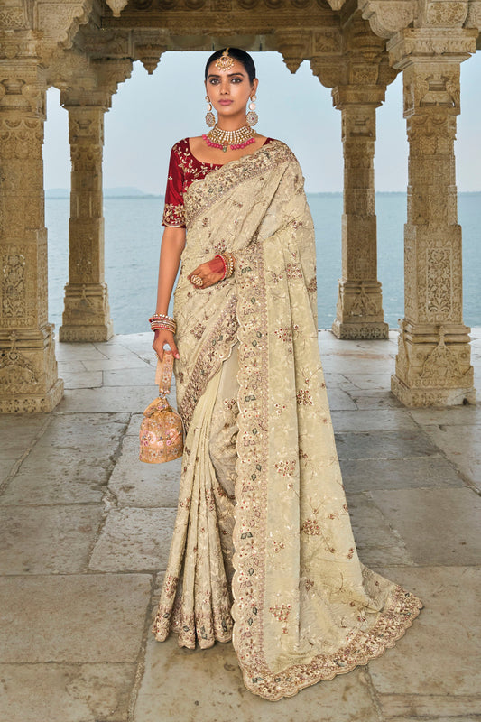 Cream Banarasi Silk Lucknowi Work Festive Saree