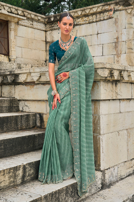 Sea Green Crush Tissue Zarkan Work Festive Saree