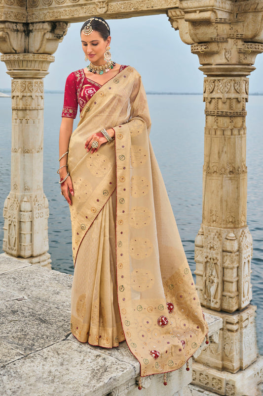 Beige Kanjivaram Silk Cutdana Work Saree
