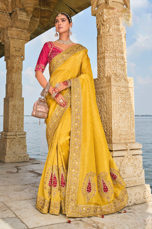 Mustard Crepe Jacquard Zardozi Embroidery Saree