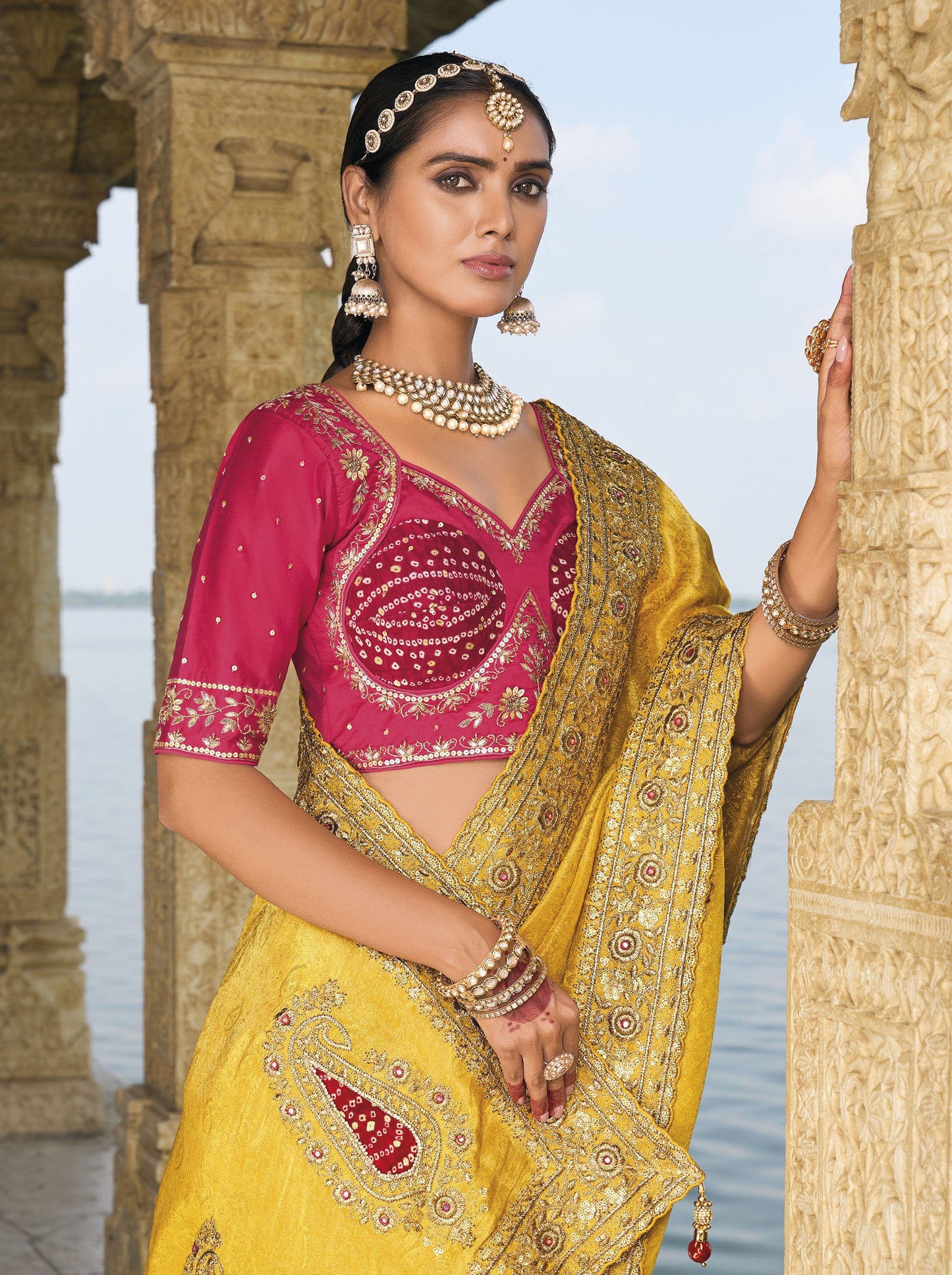 Mustard Crepe Jacquard Zardozi Embroidery Saree