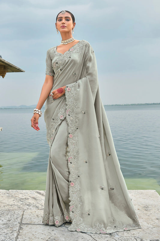 Grey Banarasi Silk Moti & Mirror Work Saree