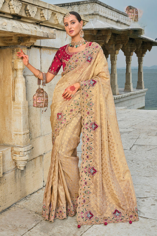 Beige Kanjivaram Butti Zari Embroidery Festive Saree
