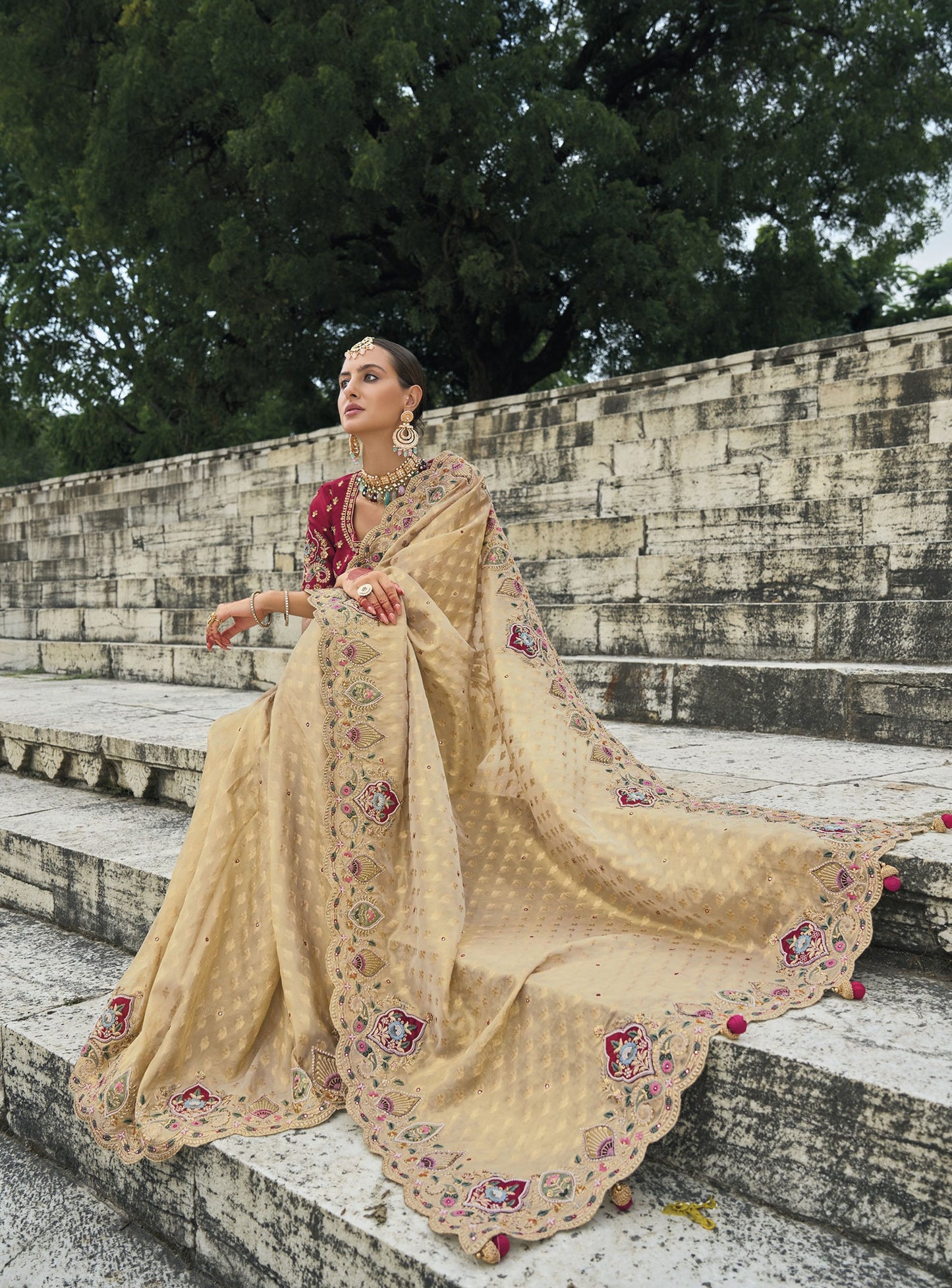 Beige Kanjivaram Butti Zari Embroidery Festive Saree