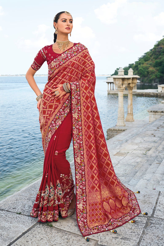 Maroon Bandhej Silk Mirror Embroidery Festive Saree