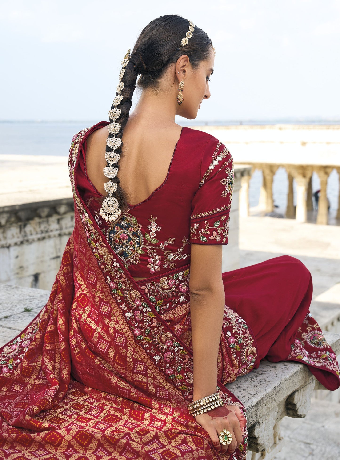Maroon Bandhej Silk Mirror Embroidery Festive Saree