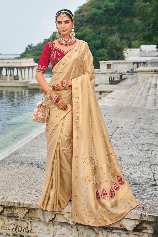 Beige Kanjivaram Silk Zardozi Embroidery Festive Saree