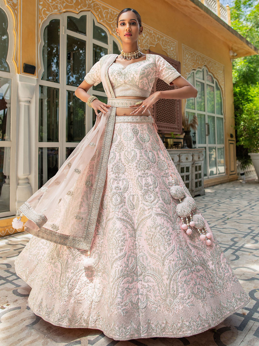Peach Net Heavy Thread Embroidery Lehenga