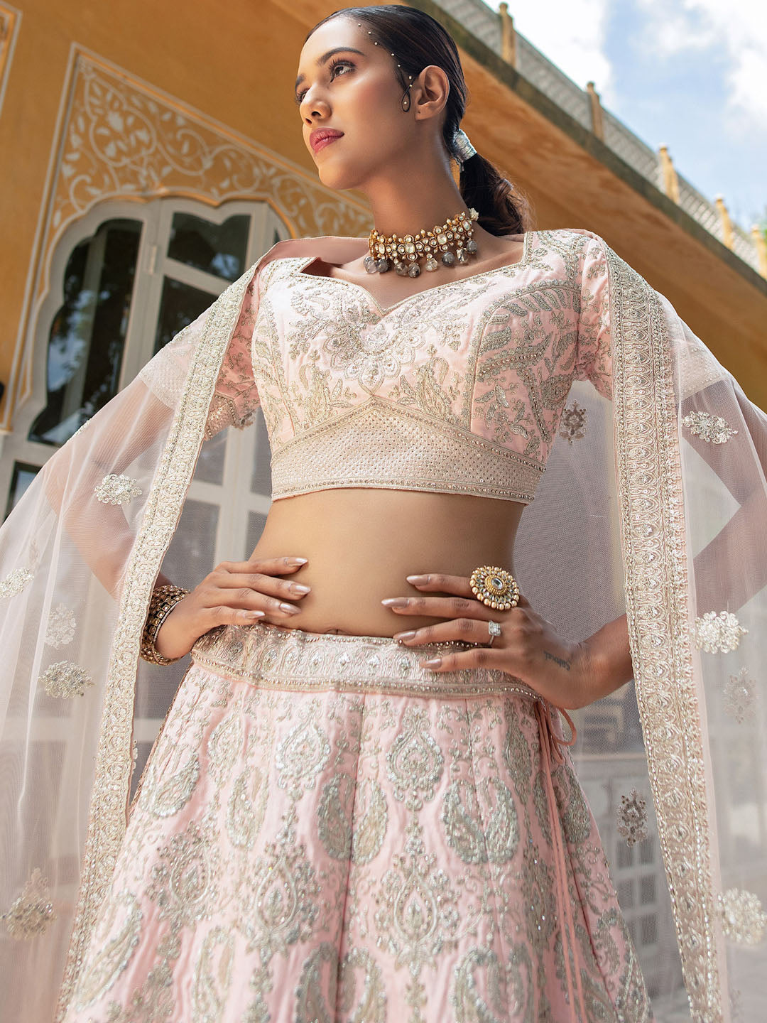 Peach Net Heavy Thread Embroidery Lehenga