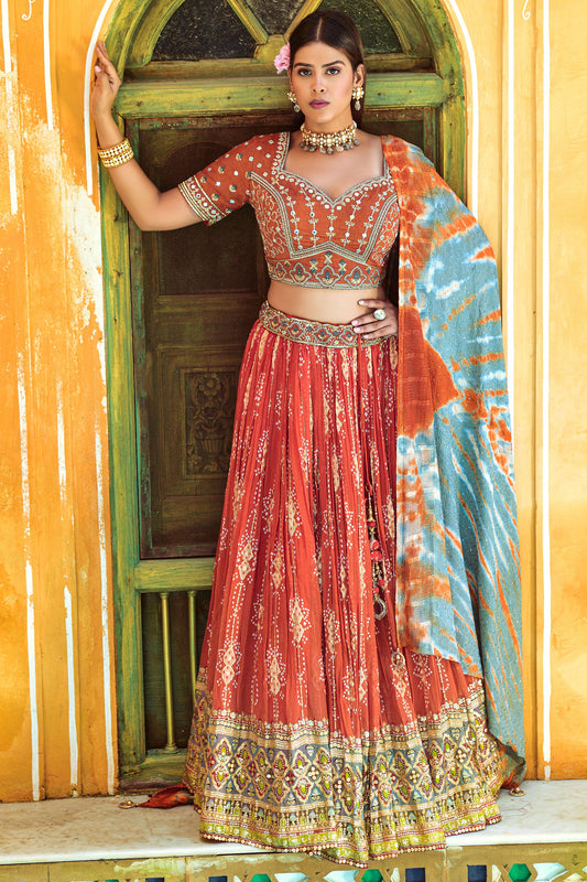 Orange Viscose Digital Printed Lehenga Choli