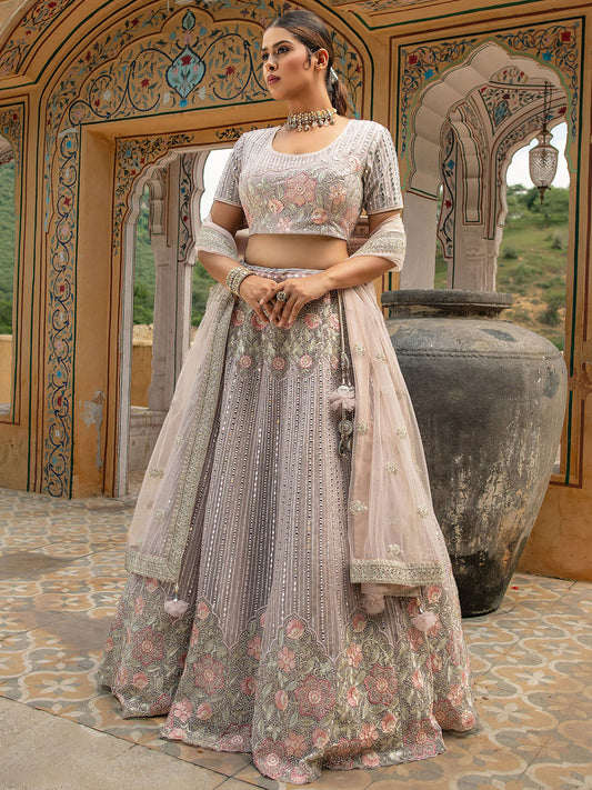 Light Purple Net Heavy Thread Embroidery Lehenga