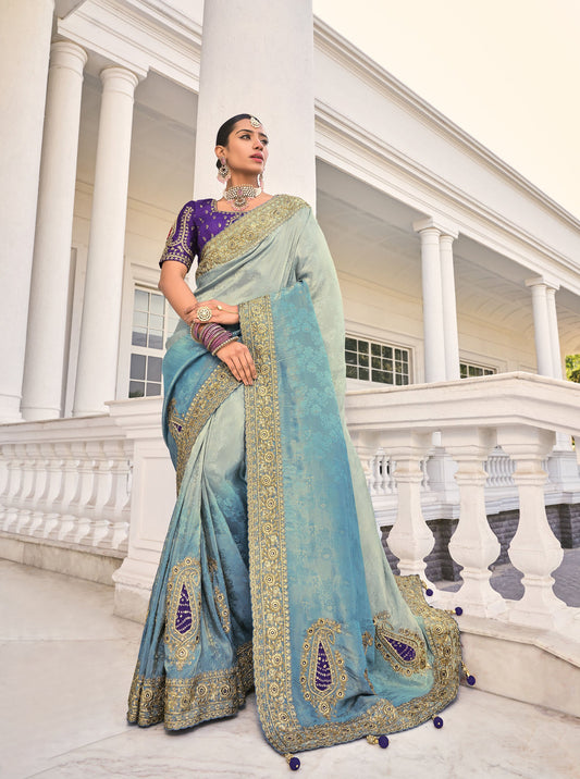 Grey and Blue Crepe Jacquard Zari Embroidery Saree
