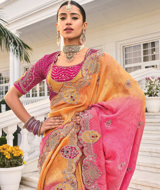 Orange and Pink Crepe Jacquard Zarkan Embroidery Party Wear Saree