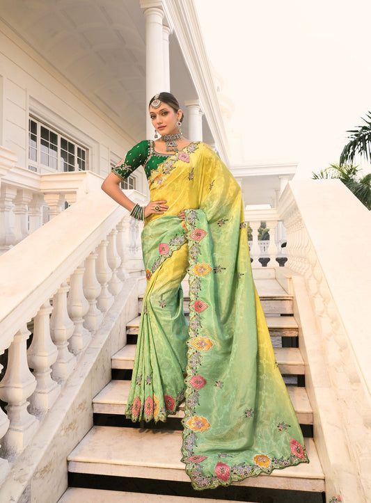 Lime Yellow and Green Crepe Jacquard Cutdana Work Saree