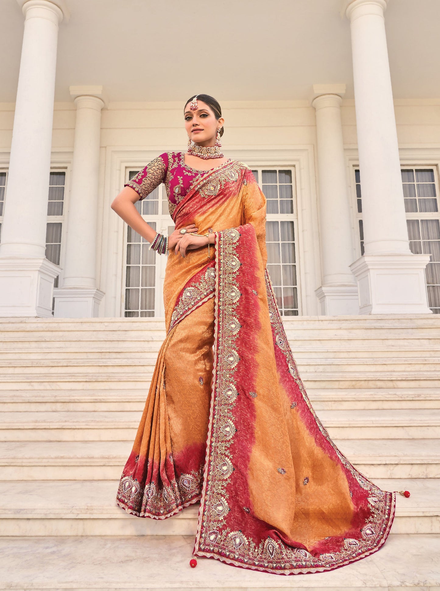 Peach Crepe Jacquard Zarkan Embroidery Festive Saree