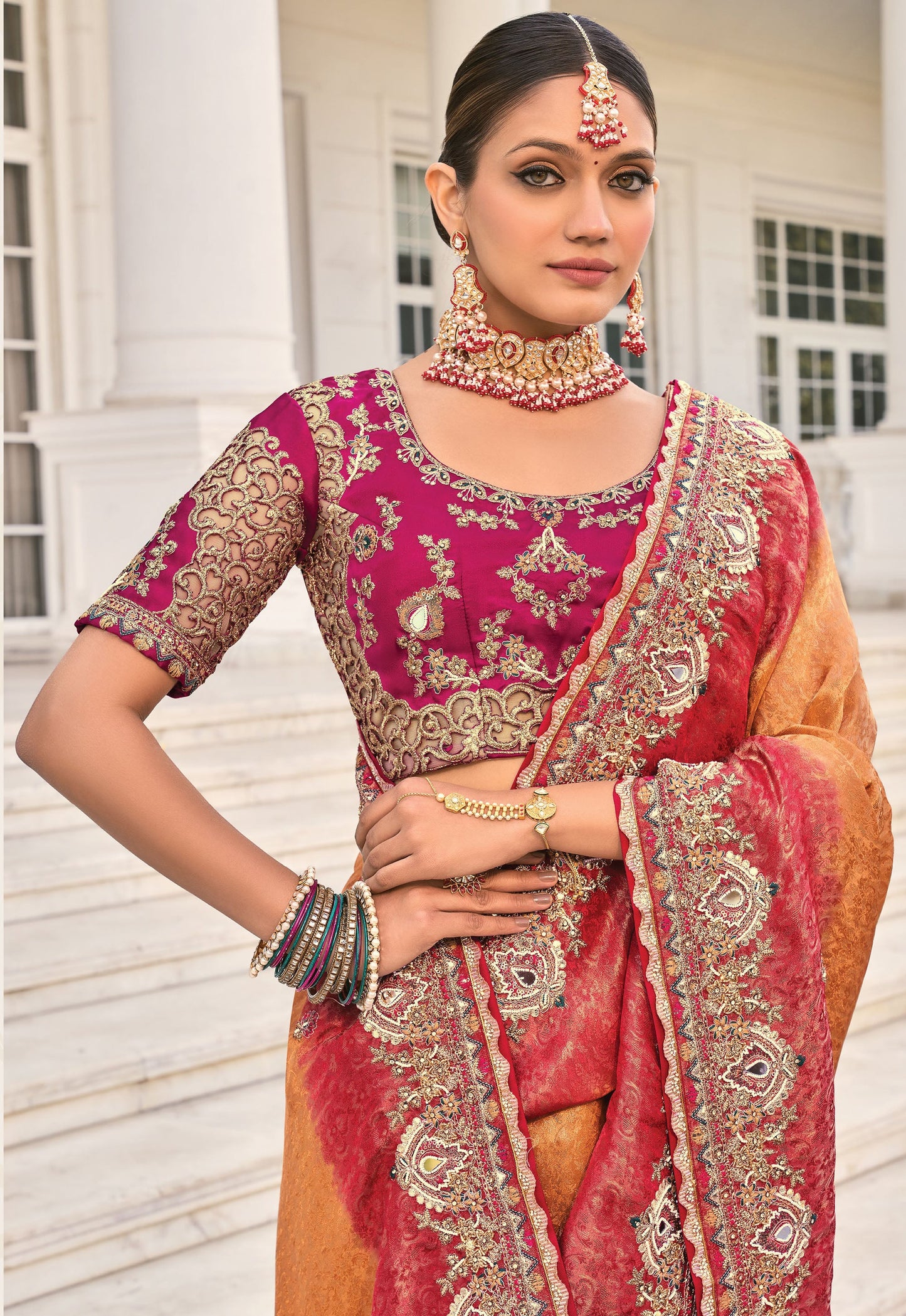 Peach Crepe Jacquard Zarkan Embroidery Festive Saree