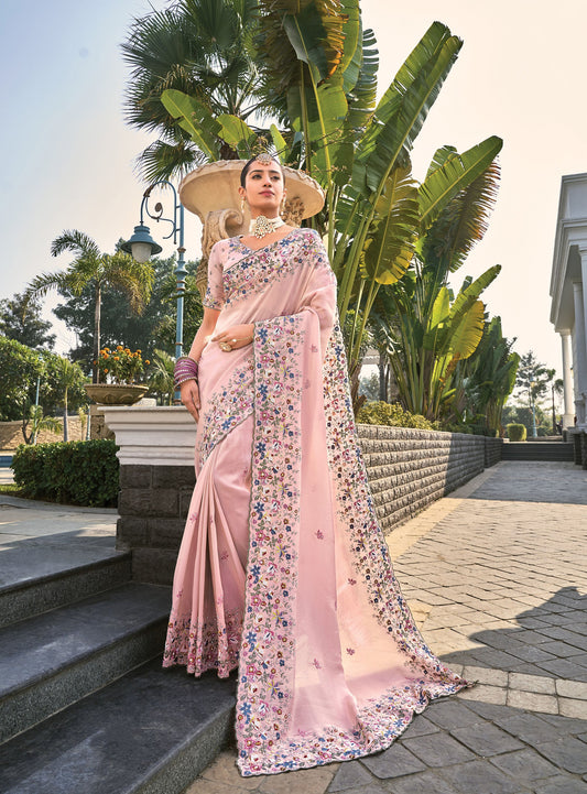 Pink Banarasi Silk Zarkan Embroidery Party Wear Saree