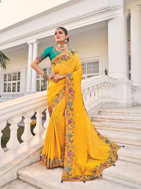 Yellow Crepe Jacquard Cutdana Work Haldi Saree