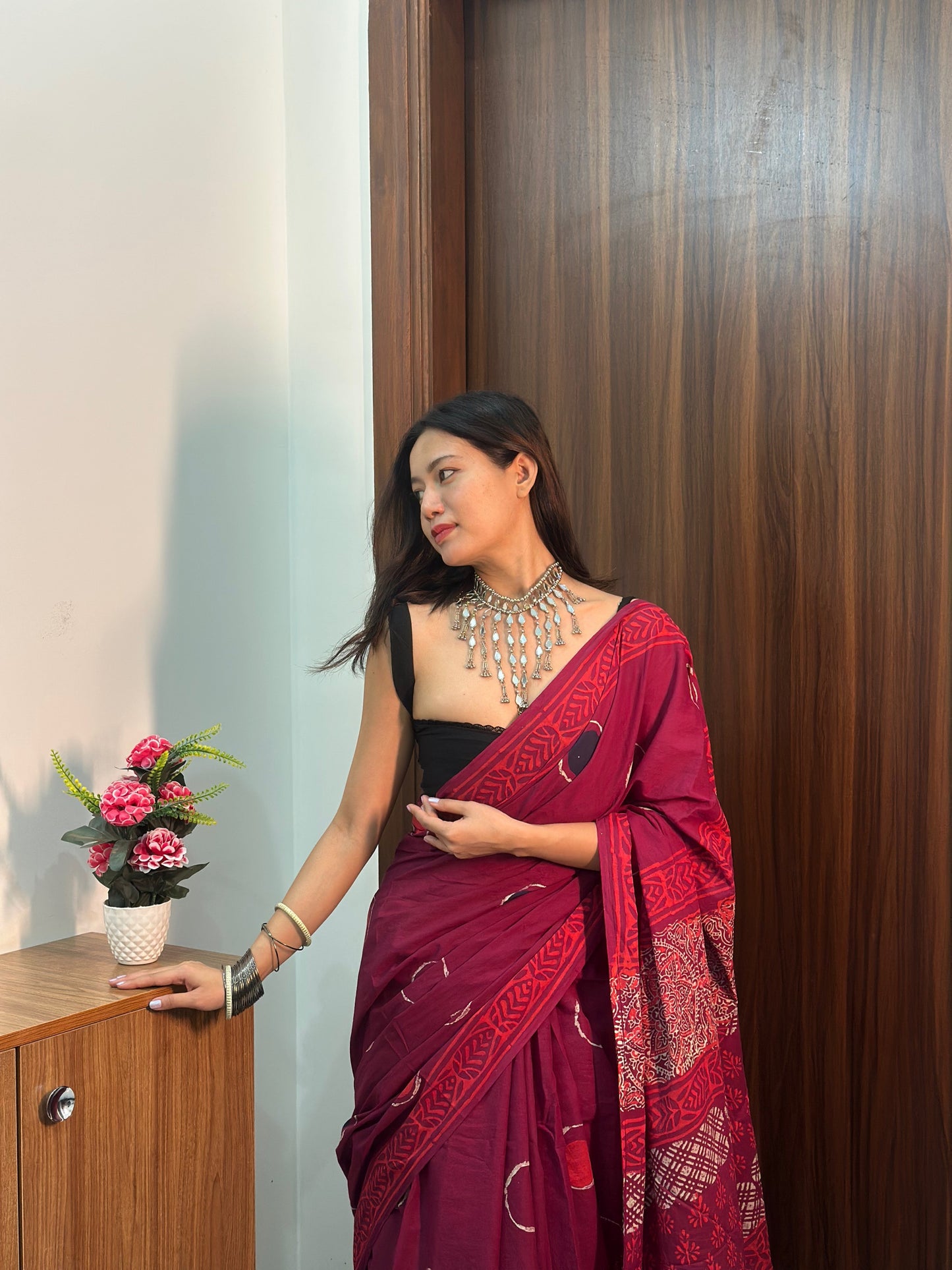 Bubble Pop Maroon &  Purple Handblock Printed Cotton Saree