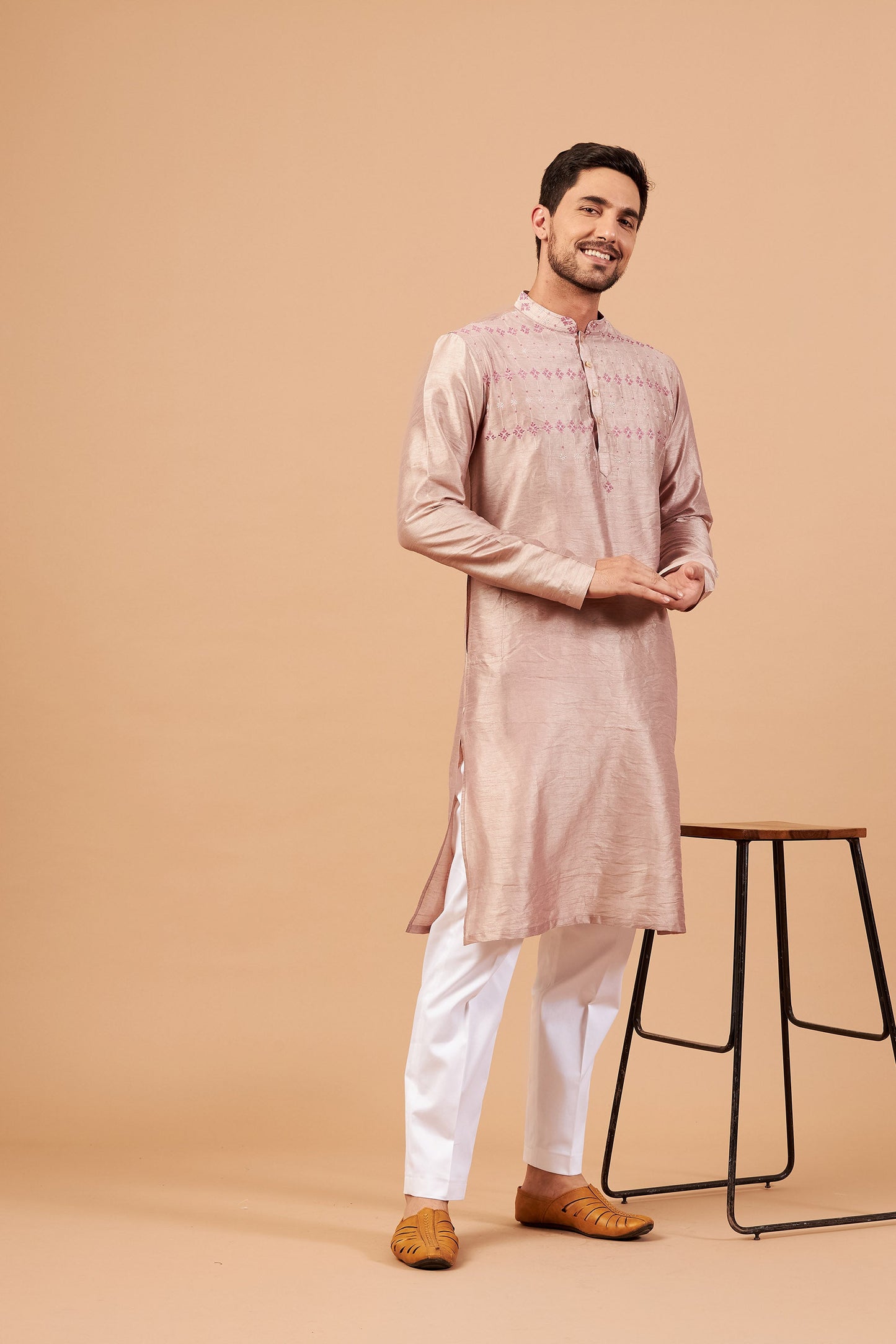 Beige Brown Semi Raw Silk Machine Embroidery Casual ( only Kurta )
