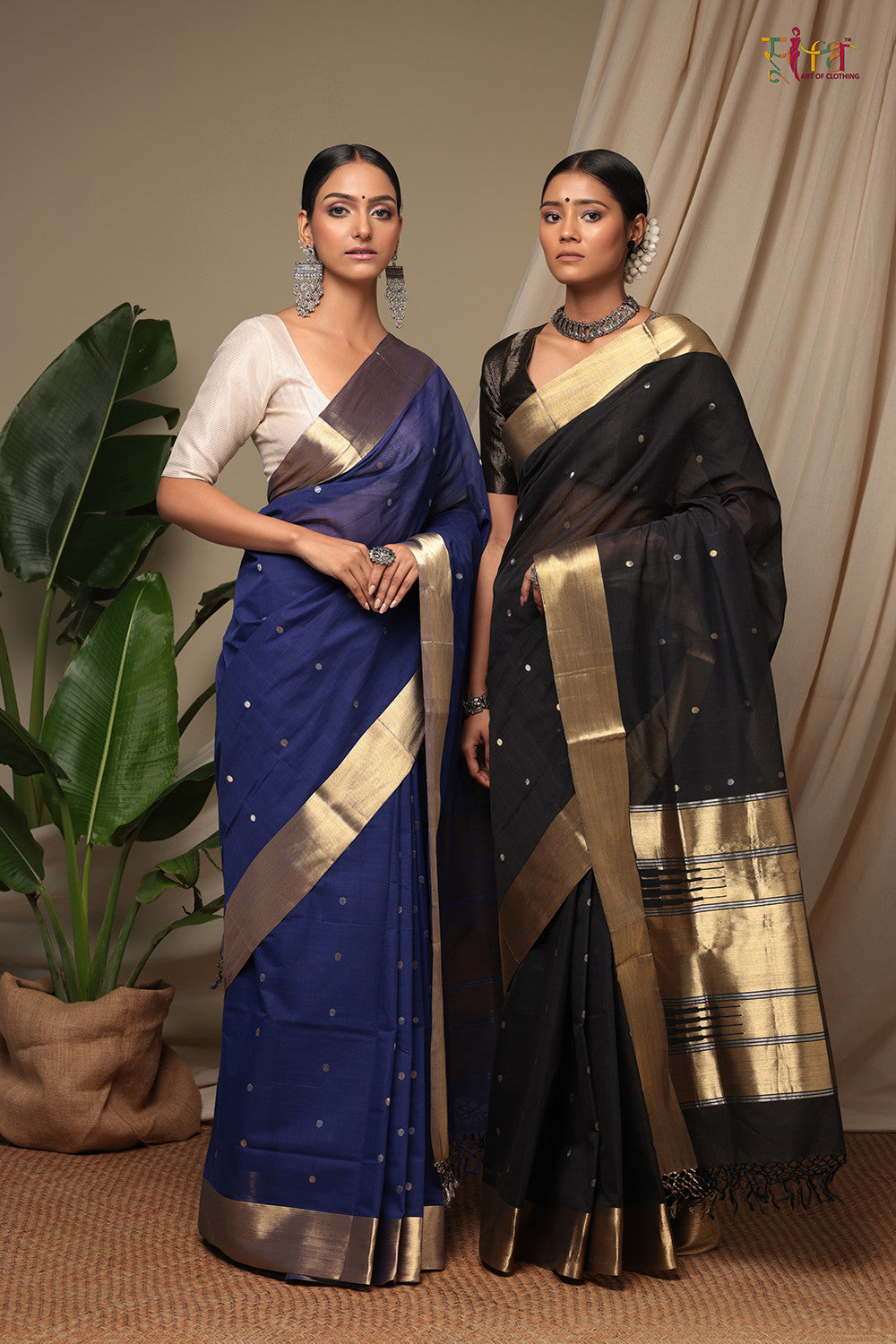 Handloom Berry Blue Pure Cotton Kanchi Contemporary Saree With Golden Zari Motifs & Border