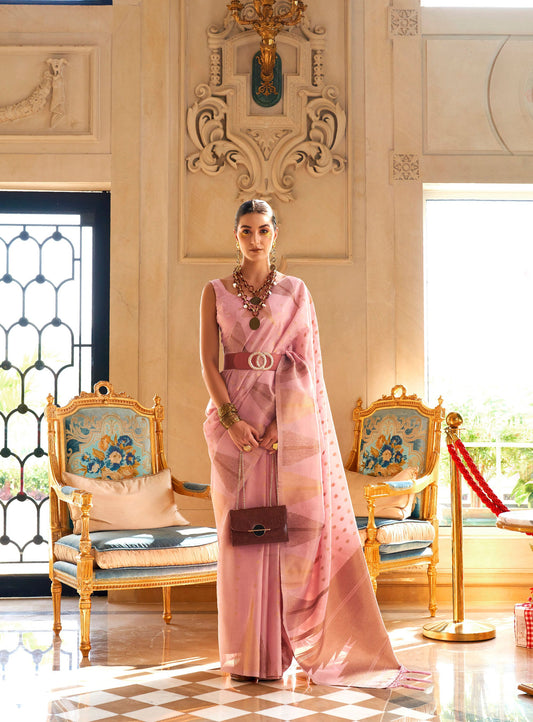 Pink Kyaari Silk Tissue Zari Khicha Zari Handloom Saree