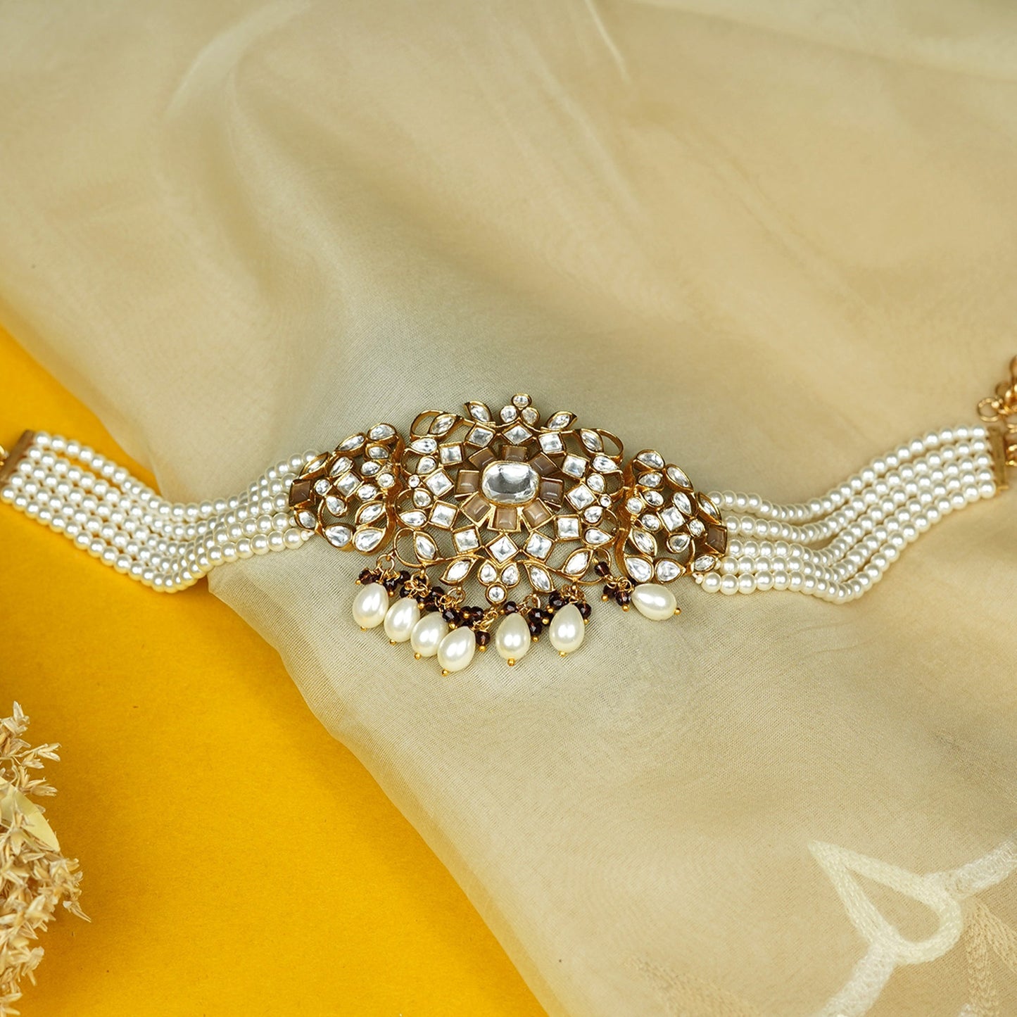 Zevar Club White Kundan Studded Floral Handcrafted Choker Necklace Set with White Pearl Beaded Strands & Drop Earrings
