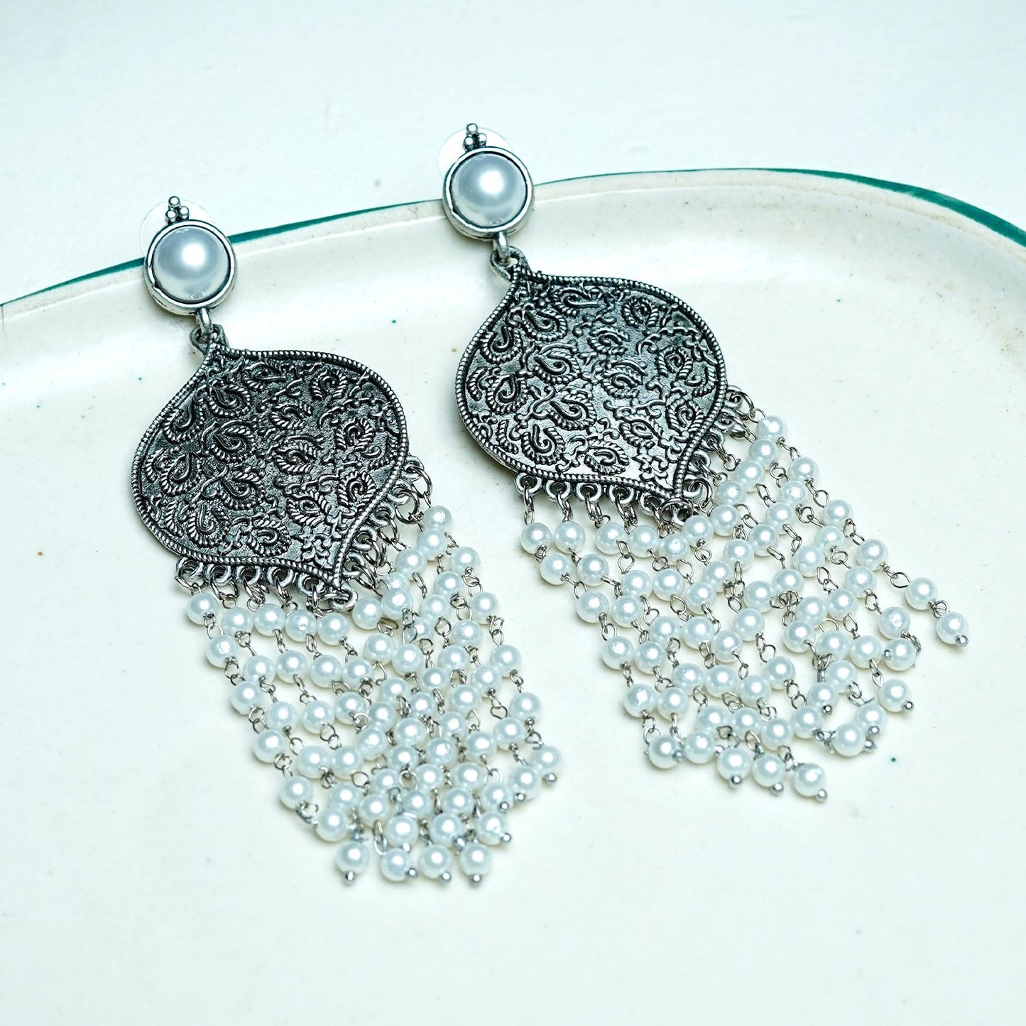 Zevar Club Oxidised Silver-Toned Statement Chandelier Earrings with Multilayer Pearl Beads