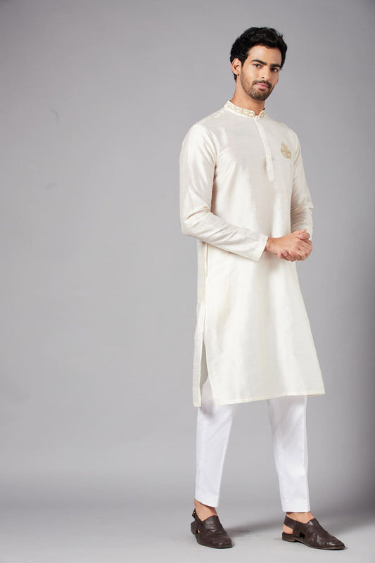 White Semi Raw Silk Embroidered Festive ( only Kurta )