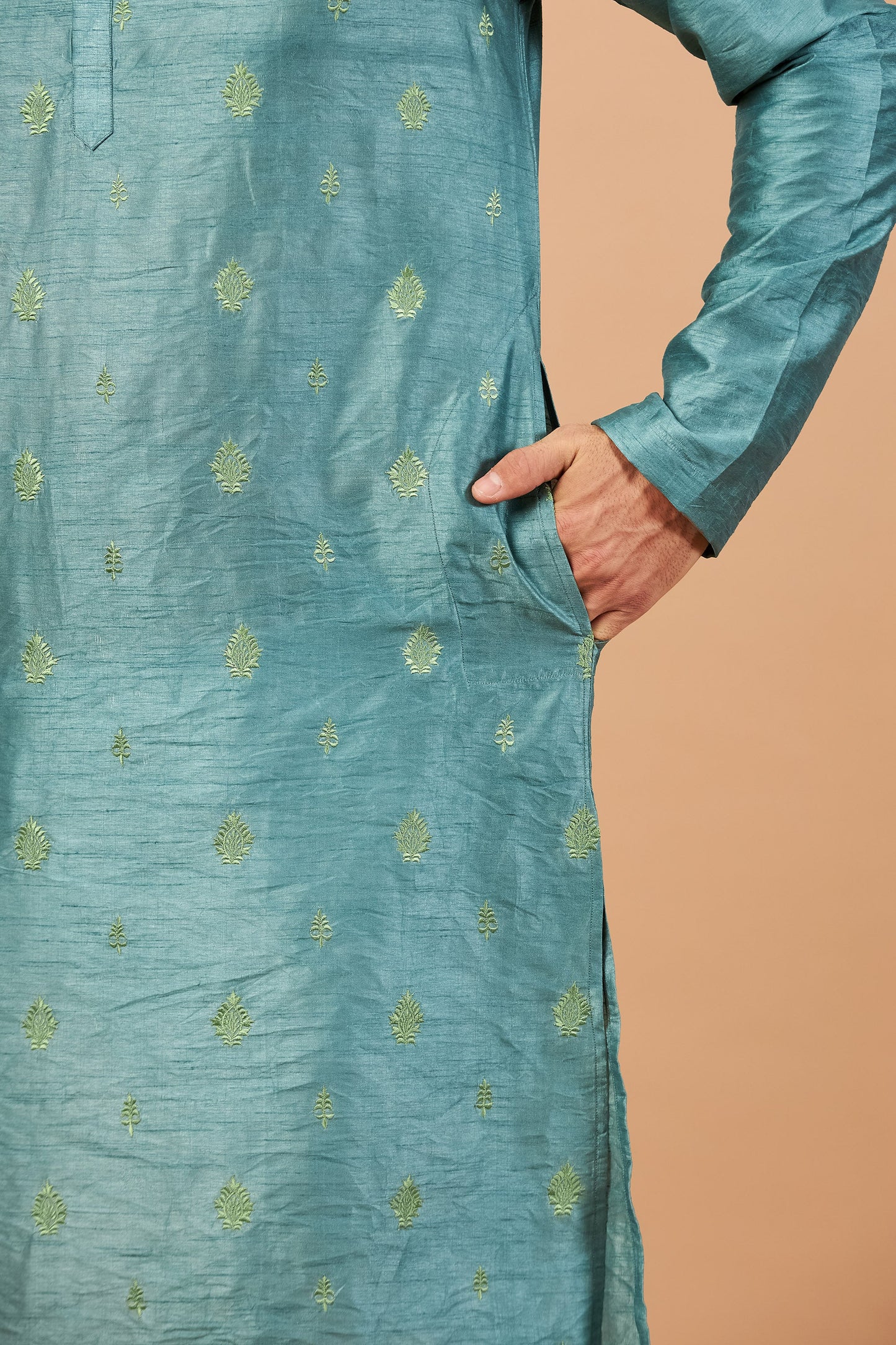 Teal Semi Raw Silk Machine Embroidered Festive ( only Kurta )