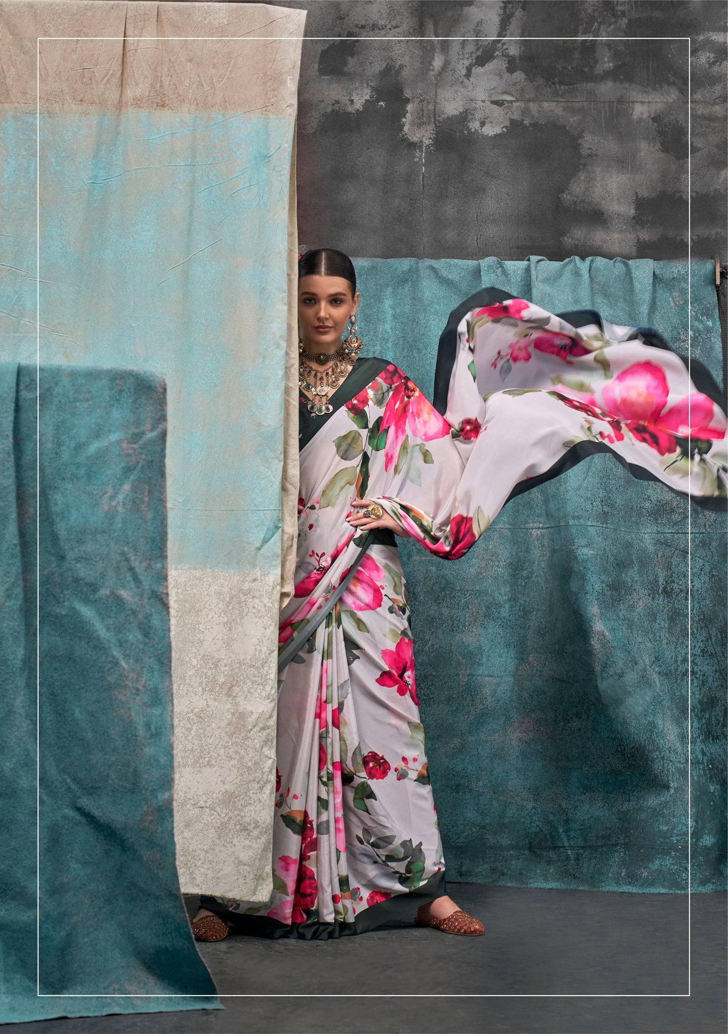 White Kernia's Printed Pure Silk Crepe Saree