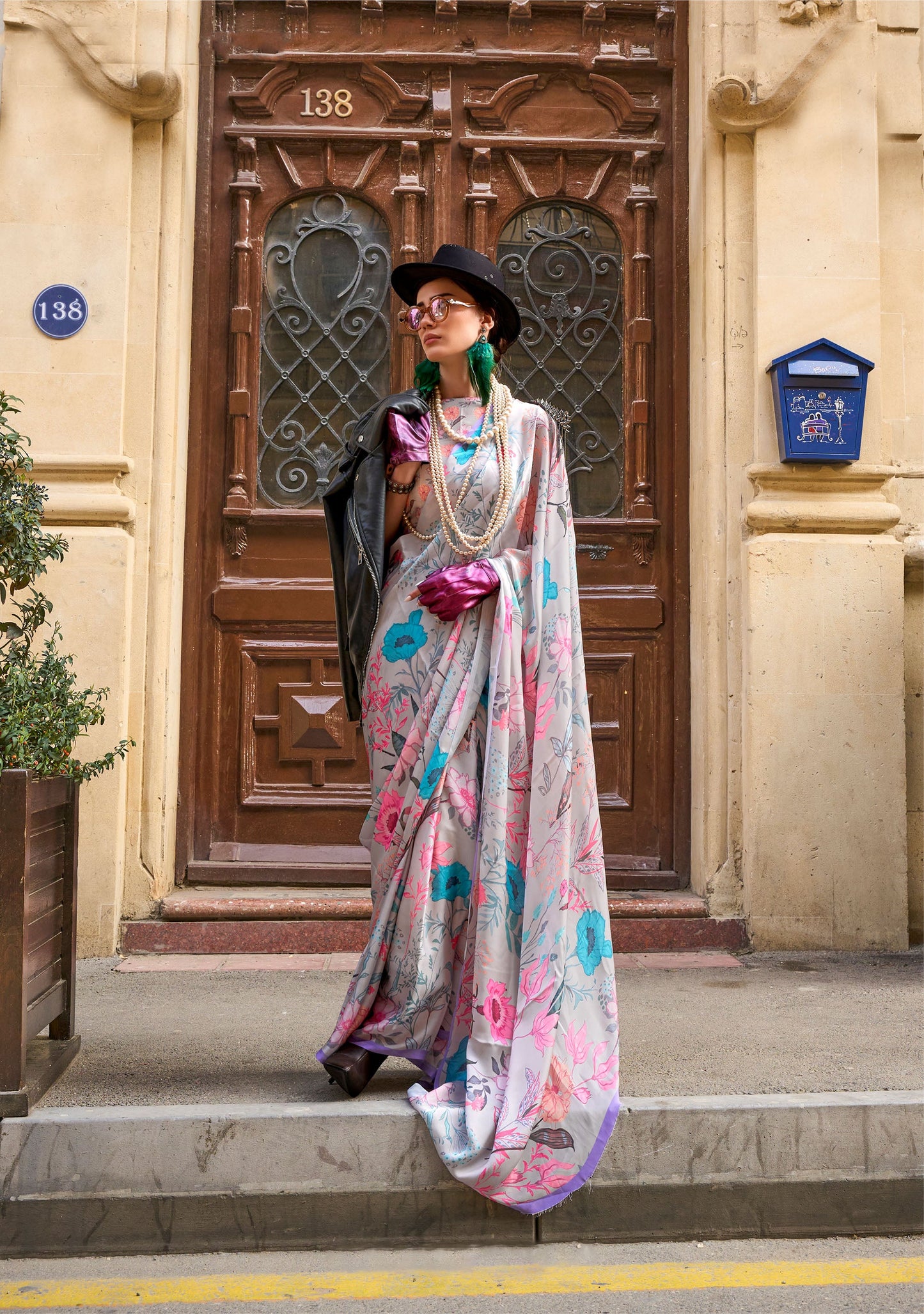 Grey Floral Kolombus Satin Georgette Printed Saree