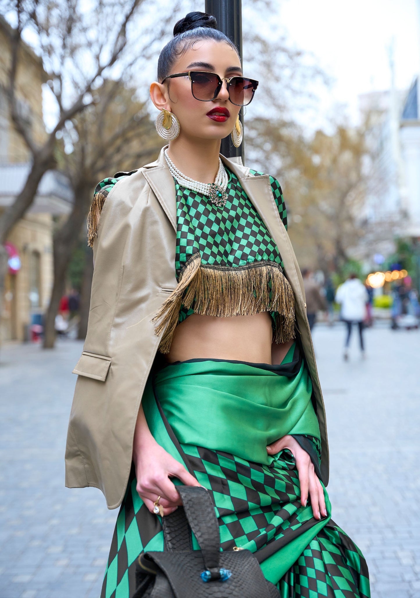Dark Green Klutch Japan Satin Print Saree