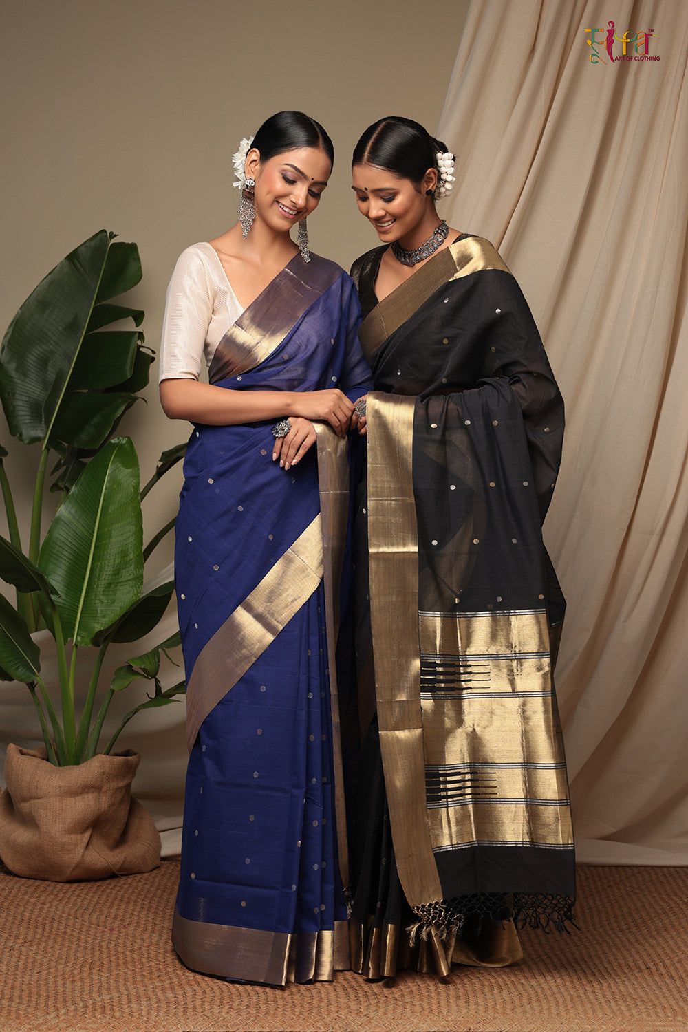 Handloom Berry Blue Pure Cotton Kanchi Contemporary Saree With Golden Zari Motifs & Border