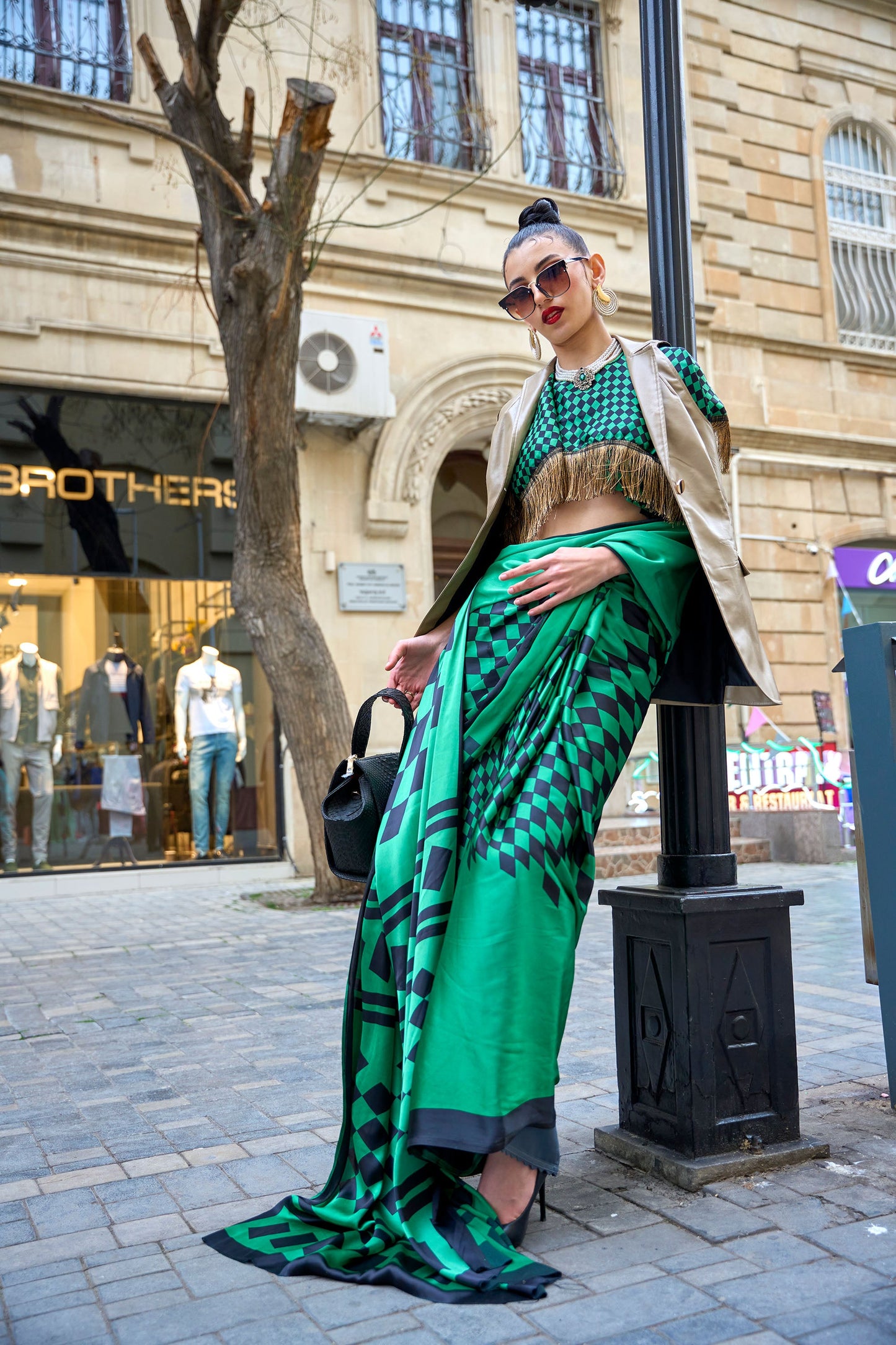 Dark Green Klutch Japan Satin Print Saree