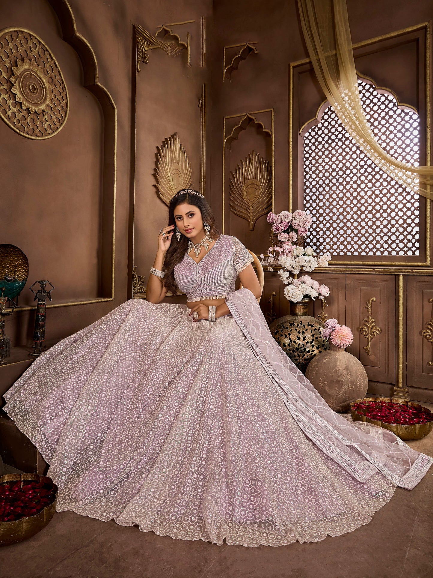 Lavender Net Zarkan Embroidery Sangeet Lehenga