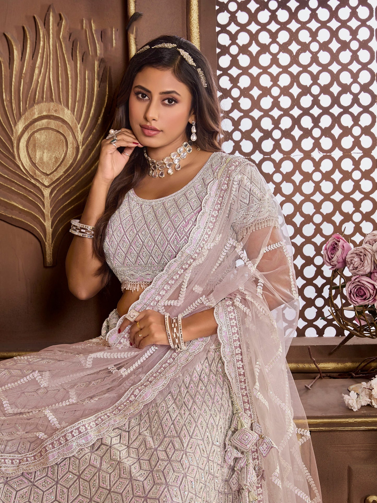 Lavender Net Zarkan Embroidery Sangeet Lehenga