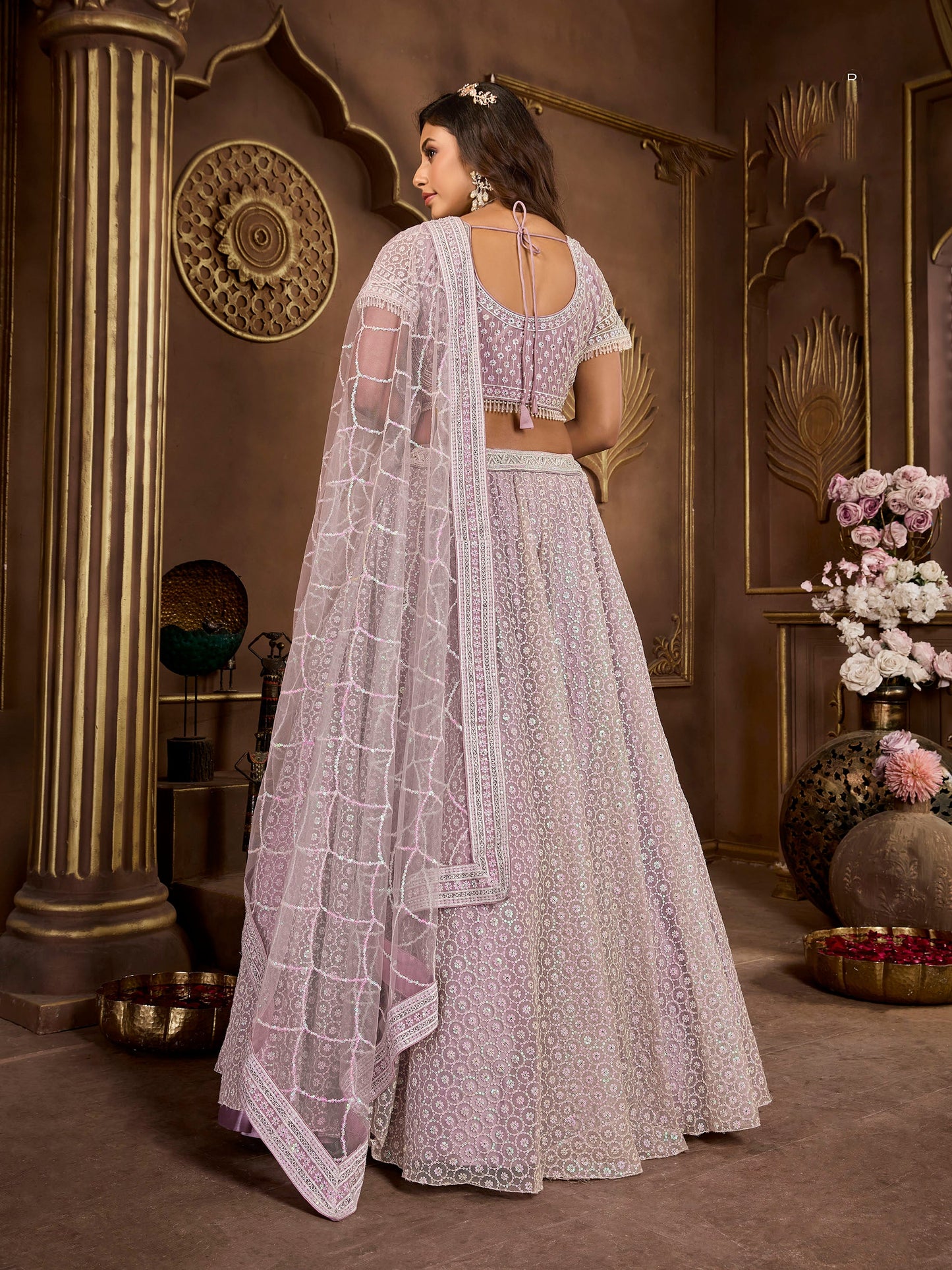 Lavender Net Zarkan Embroidery Sangeet Lehenga
