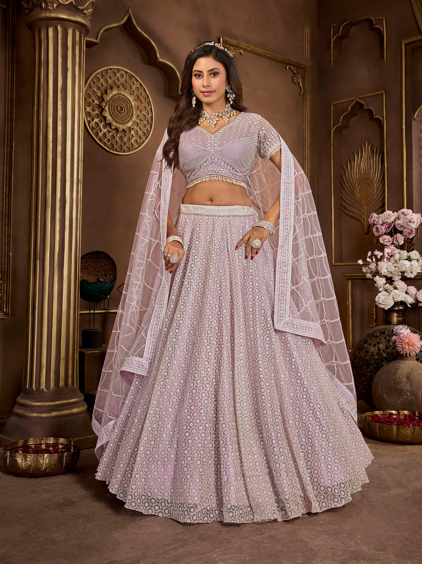 Lavender Net Zarkan Embroidery Sangeet Lehenga