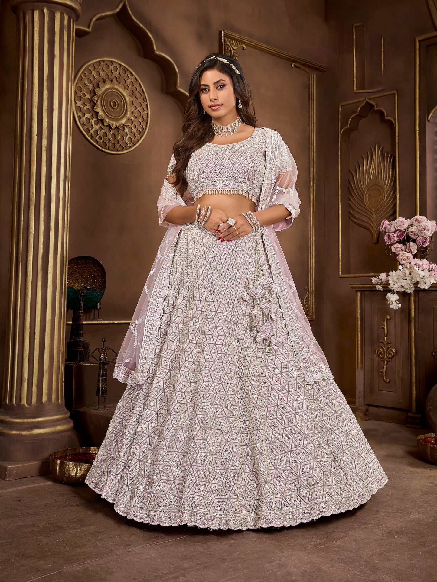 Purple Heavy Zarkan Embroidery Net Reception Lehenga