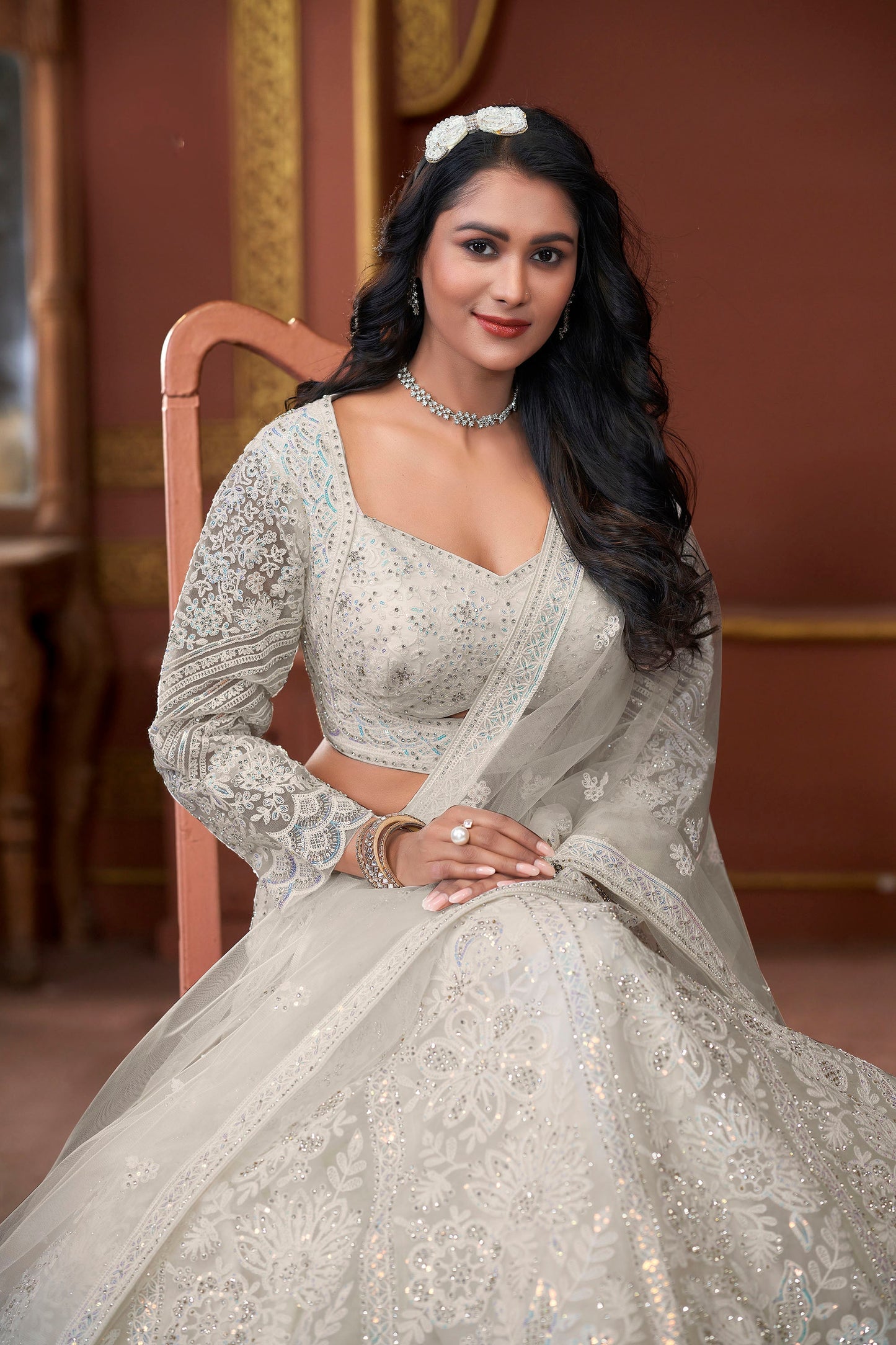 Off White Heavy Zarkan Embroidery Net Wedding Lehenga