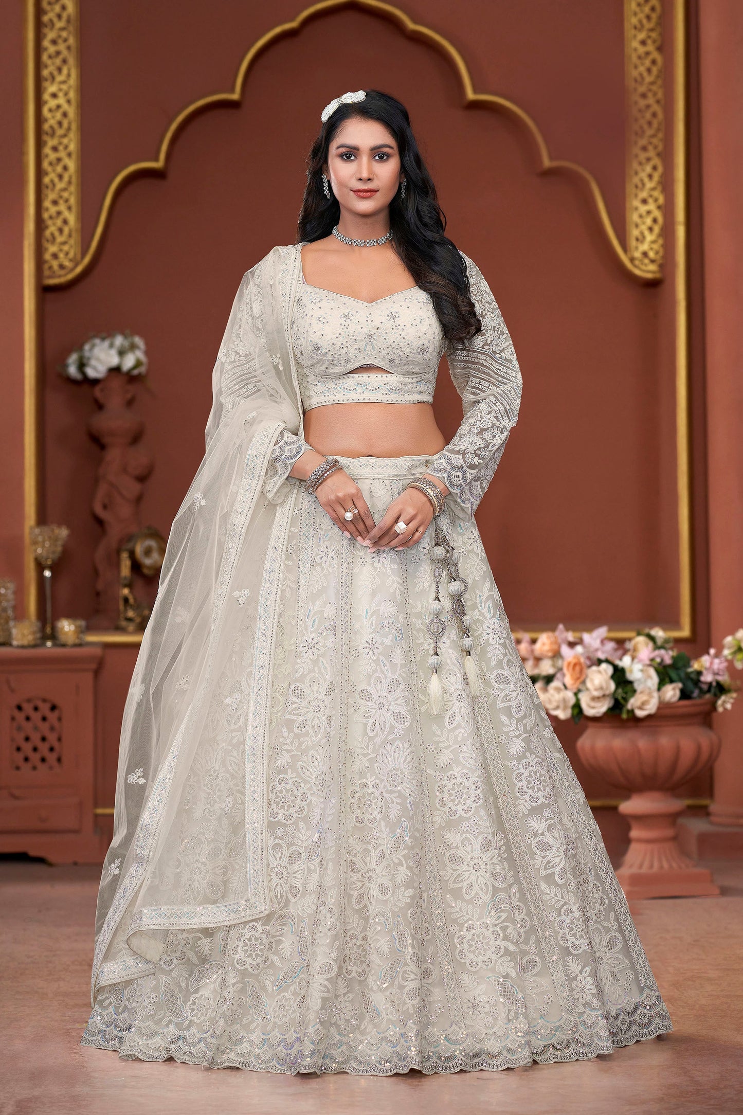 Off White Heavy Zarkan Embroidery Net Wedding Lehenga