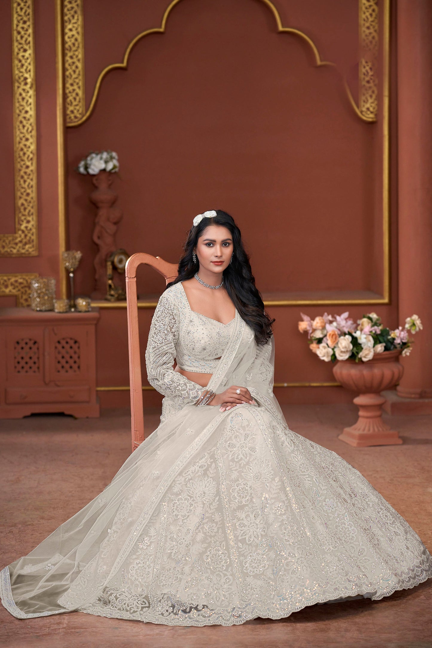 Off White Heavy Zarkan Embroidery Net Wedding Lehenga