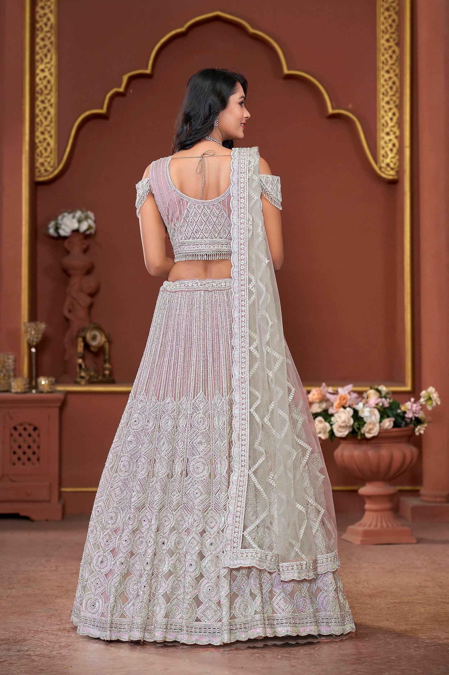 Pink Mirror & Zarkan Embroidery Net Bridesmaid Lehenga
